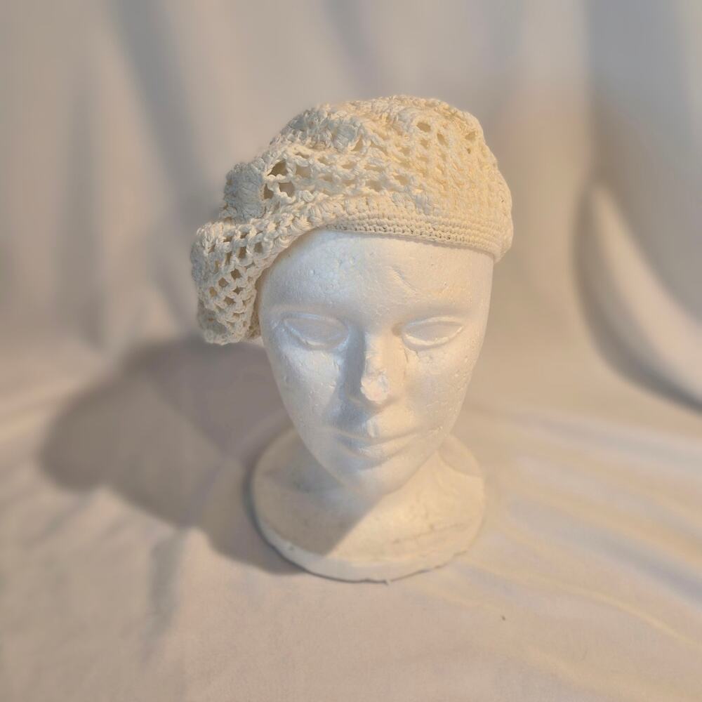 Vintage Target Cream Crochet Beret Hat Cotton Open Knit Cottagecore Boho